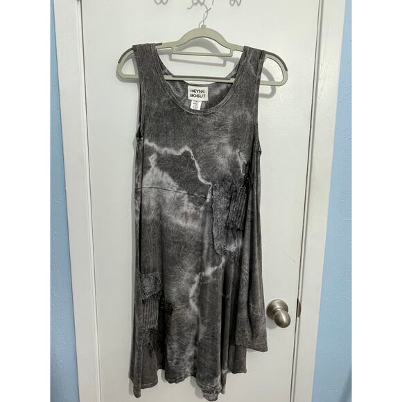 Heyne Bogut Swing Dress Size Small Gray Tie Dye Lace Patches Asymmetric Grunge - Picture 1 of 8
